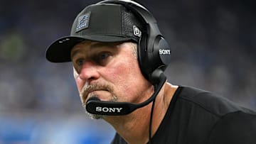 Detroit Lions head coach Dan Campbell looks on during the second quarter of the game against the Chicago Bears at Ford Field.
