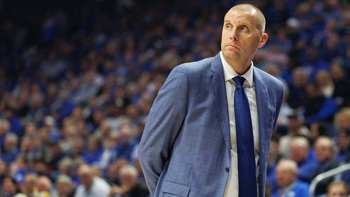 Nov 19, 2024; Lexington, Kentucky, USA; Kentucky Wildcats head coach Mark Pope looks on during the first half against the Lipscomb Bisons at Rupp Arena at Central Bank Center. Mandatory Credit: Jordan Prather-Imagn Images