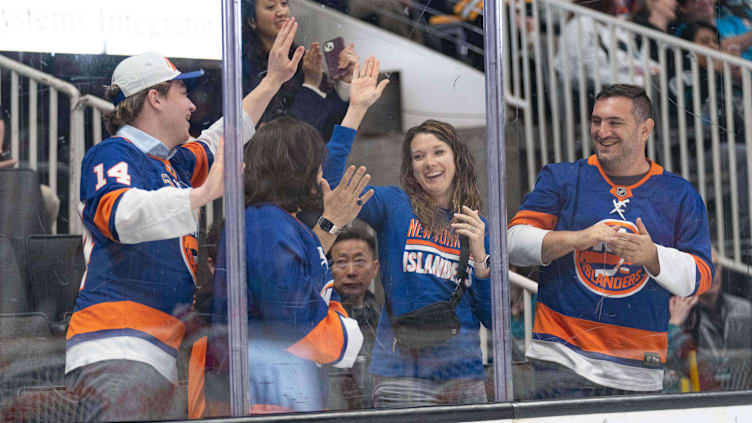 Mar 7, 2024; San Jose, California, USA; New York Islanders fans celebrate during the second period