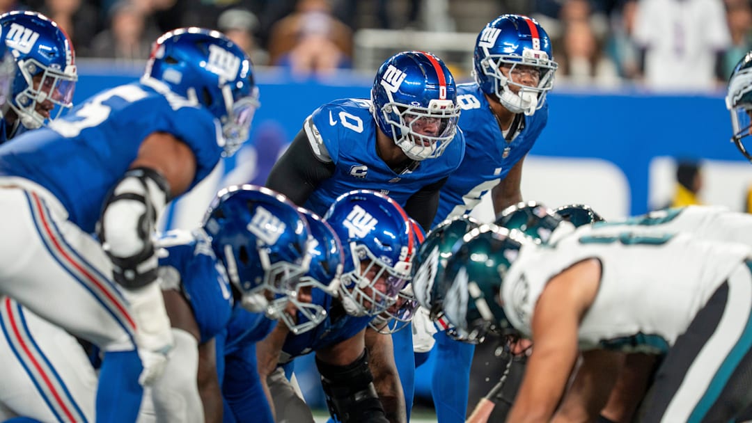 New York Giants defense lines up against the Philadelphia Eagles during a Thursday Night Football game between the New York Giants and the Philadelphia Eagles at MetLife Stadium in East Rutherford on Oct. 9, 2025.