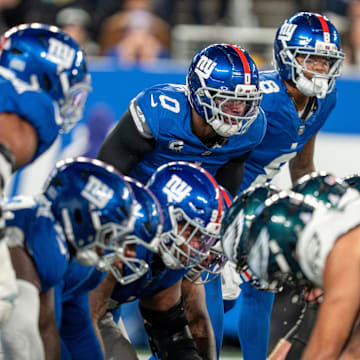 New York Giants defense lines up against the Philadelphia Eagles during a Thursday Night Football game between the New York Giants and the Philadelphia Eagles at MetLife Stadium in East Rutherford on Oct. 9, 2025.