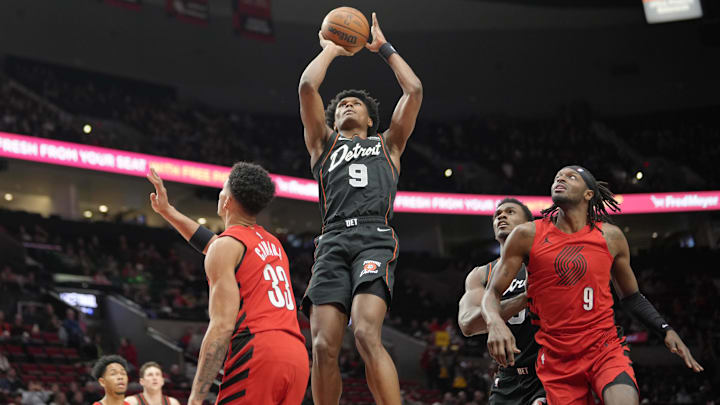 Feb 8, 2024; Portland, Oregon, USA; Detroit Pistons forward Ausar Thompson (9) shoots the ball during the first half against the Portland Trail Blazers at Moda Center. Mandatory Credit: Soobum Im-Imagn Images