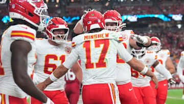 Aug 9, 2025; Glendale, Arizona, USA; Kansas City Chiefs quarterback Gardner Minshew (17) celebrates a touchdown against the Arizona Cardinals during the first half at State Farm Stadium. Mandatory Credit: Joe Camporeale-Imagn Images