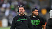 Nov 29, 2025; Seattle, Washington, USA; Oregon Ducks head coach Dan Lanning during the second half against the Washington Huskies at Husky Stadium. Mandatory Credit: Steven Bisig-Imagn Images