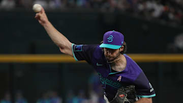 May 11, 2025; Phoenix, Arizona, USA; Arizona Diamondbacks pitcher Zac Gallen (23) throws against the Los Angeles Dodgers in the first inning at Chase Field. Mandatory Credit: Rick Scuteri-Imagn Images
