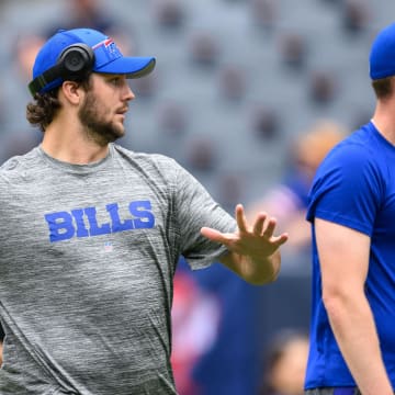 Aug 26, 2023; Chicago, Illinois, USA; Buffalo Bills quarterback Josh Allen (17) warms up before a game against the Chicago Bears at Soldier Field. 