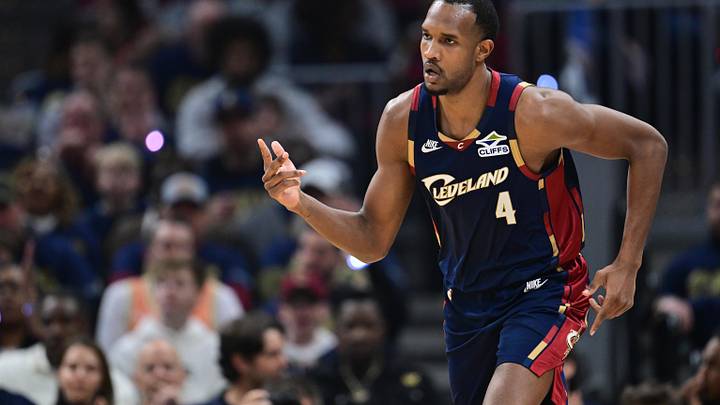 Apr 20, 2026; Cleveland, Ohio, USA; Cleveland Cavaliers center Evan Mobley (4) celebrates after making a three point basket during the second half during game two of the first round of the 2026 NBA Playoffs against the Toronto Raptors at Rocket Arena. Mandatory Credit: David Dermer-Imagn Images