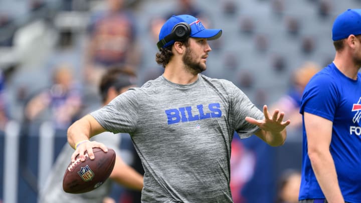 Aug 26, 2023; Chicago, Illinois, USA; Buffalo Bills quarterback Josh Allen (17) warms up before a game against the Chicago Bears at Soldier Field. 