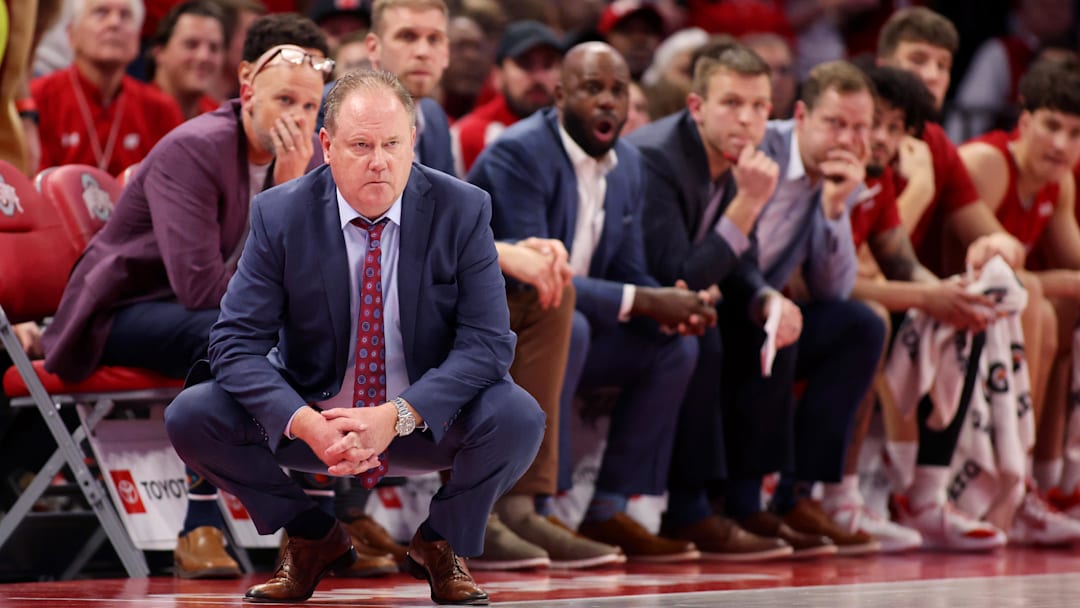 Feb 17, 2026; Columbus, Ohio, USA;  Wisconsin Badgers head coach Greg Gard watches his team during the second half against the Ohio State Buckeyes at Value City Arena. Mandatory Credit: Joseph Maiorana-Imagn Images
