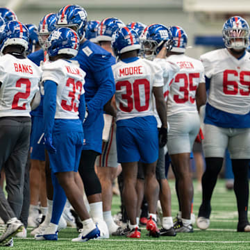 New York Giants players huddle up during Mandatory Minicamp at Quest Diagnostics Giants Training Center in East Rutherford on Tuesday, June 17, 2025.