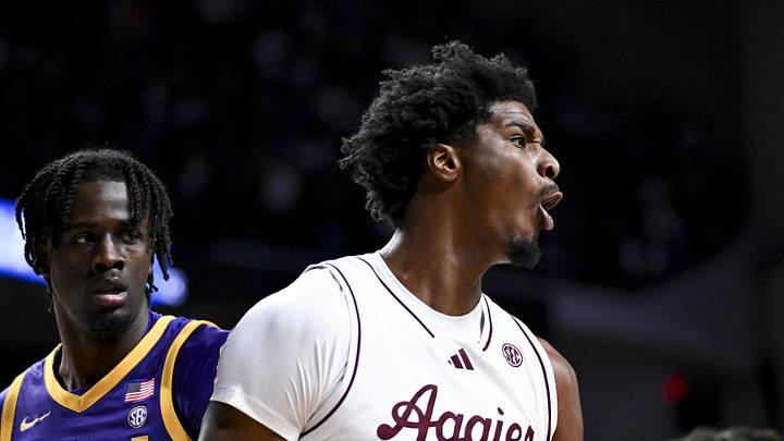 Jan 18, 2025; College Station, Texas, USA; Texas A&M Aggies forward Solomon Washington (9) reacts during the first half against the LSU Tigers at Reed Arena. Mandatory Credit: Maria Lysaker-Imagn Images 
