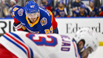 Dec 15, 2024; St. Louis, Missouri, USA;  St. Louis Blues left wing Pavel Buchnevich (89) waits for a face off against the New York Rangers during the second period at Enterprise Center. Mandatory Credit: Jeff Curry-Imagn Images