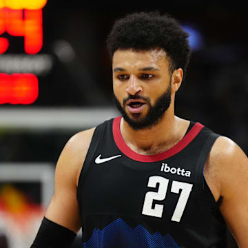 May 19, 2024; Denver, Colorado, USA; Denver Nuggets guard Jamal Murray (27) during the first half against the Minnesota Timberwolves during game seven of the second round for the 2024 NBA playoffs at Ball Arena. 