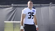 Jul 23, 2025; Houston, TX, USA;  Houston Texans linebacker Jake Hansen (35) during training camp at Houston Methodist Training Center. Mandatory Credit: Troy Taormina-Imagn Images