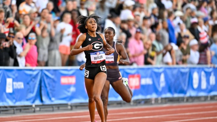 Jun 23, 2024; Eugene, OR, USA; Aaliyah Butler finishes second in the 400m final at the US Olympic Track and Field Team Trials. Mandatory Credit: Craig Strobeck-USA TODAY Sports