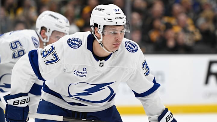 Tampa Bay Lightning center Yanni Gourde waits for game action to resume during the first period against the Boston Bruins.