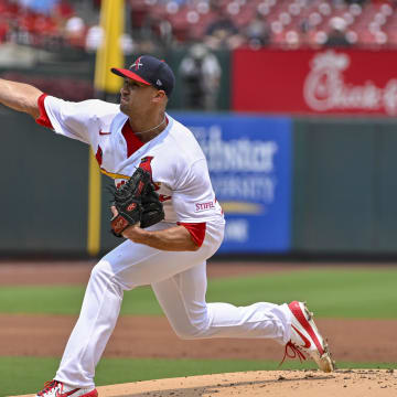 Jul 16, 2023; St. Louis, Missouri, USA;  St. Louis Cardinals starting pitcher Jack Flaherty (22) pitches against the Washington Nationals during the first inning at Busch Stadium. Mandatory Credit: Jeff Curry-USA TODAY Sports