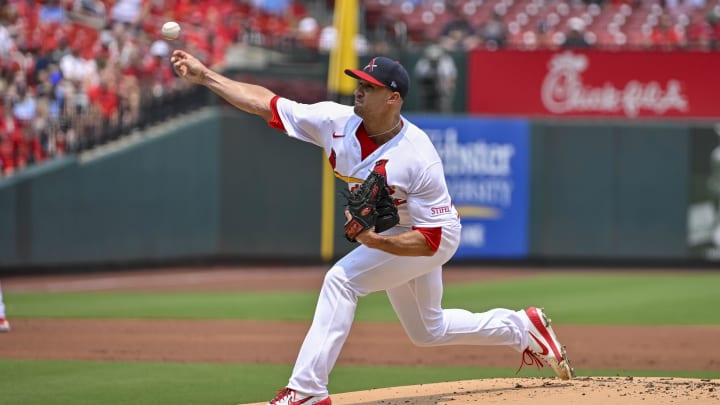 Jul 16, 2023; St. Louis, Missouri, USA;  St. Louis Cardinals starting pitcher Jack Flaherty (22) pitches against the Washington Nationals during the first inning at Busch Stadium. Mandatory Credit: Jeff Curry-USA TODAY Sports