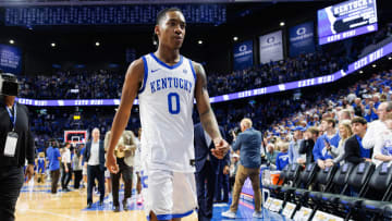 Mar 2, 2024; Lexington, Kentucky, USA; Kentucky Wildcats guard Rob Dillingham (0) walks off the court after the game against the Arkansas Razorbacks at Rupp Arena at Central Bank Center. Mandatory Credit: Jordan Prather-USA TODAY Sports