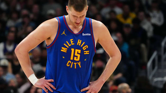 Mar 29, 2024; Denver, Colorado, USA; Denver Nuggets center Nikola Jokic (15) reacts in the second