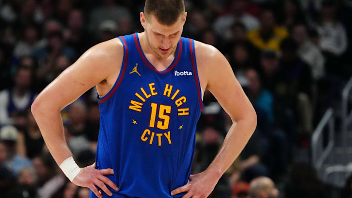 Mar 29, 2024; Denver, Colorado, USA; Denver Nuggets center Nikola Jokic (15) reacts in the second