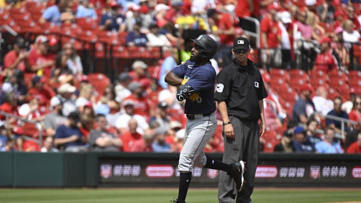 Seattle Mariners left fielder Randy Arozarena (56) gestures to the dug out after hitting a two-run home run against the St. Louis Cardinals during the second inning at Busch Stadium on Sept 8.