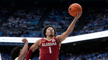 Dec 4, 2024; Chapel Hill, North Carolina, USA;  Alabama Crimson Tide guard Mark Sears (1) shoots in the first half at Dean E. Smith Center. Mandatory Credit: Bob Donnan-Imagn Images
