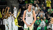 Feb 16, 2025; Eugene, Oregon, USA; Oregon Ducks center Nate Bittle (32) reacts to a made three point shot against the Rutgers Scarlet Knights during the second half at Matthew Knight Arena. Mandatory Credit: Craig Strobeck-Imagn Images