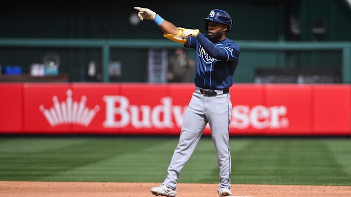 Mar 29, 2026; St. Louis, Missouri, USA; Tampa Bay Rays first baseman Jonathan Aranda (8) reacts after hitting a one run double against the St. Louis Cardinals during the fourth inning at Busch Stadium. Mandatory Credit: Jeff Curry-Imagn Images