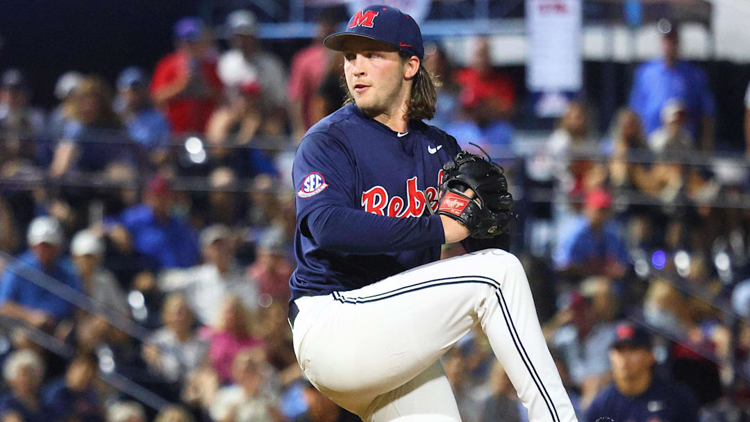 Jun 2, 2025; Oxford, MS, USA; Mississippi Rebels relief pitcher Hunter Elliott (26) pitches during the ninth inning against the Murray State Racers. Mandatory Credit: Petre Thomas-Imagn Images