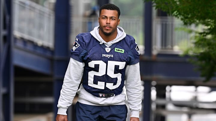 Jun 9, 2025; Foxborough, MA, USA; New England Patriots cornerback Marcus Jones (25) walks to the practice fields at Gillette Stadium. Mandatory Credit: Eric Canha-Imagn Images
