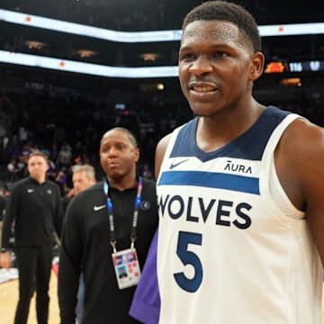 Apr 28, 2024; Phoenix, Arizona, USA; Minnesota Timberwolves guard Anthony Edwards (5) celebrates against the Phoenix Suns after game four of the first round for the 2024 NBA playoffs at Footprint Center. Mandatory Credit: Joe Camporeale-Imagn Images