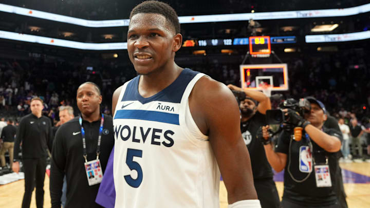 Apr 28, 2024; Phoenix, Arizona, USA; Minnesota Timberwolves guard Anthony Edwards (5) celebrates against the Phoenix Suns after game four of the first round for the 2024 NBA playoffs at Footprint Center. Mandatory Credit: Joe Camporeale-Imagn Images