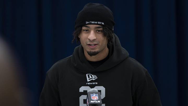 Feb 26, 2026; Indianapolis, IN, USA; Florida defensive back Devin Moore (DB22) speaks to members of the media during the NFL Combine at the Indiana Convention Center.