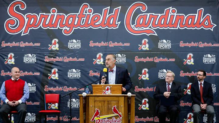St. Louis Cardinals President of Baseball Operations John Mozeliak speaks at a press conference announcing that the Springfield Cardinals have been sold by the St. Louis Cardinals to Diamond Baseball Holdings on Monday, May 1, 2023.Tcards Presser00088