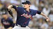 Oct 2, 2024; San Diego, California, USA; Atlanta Braves pitcher Max Fried (54) throws during the first inning of game two in the Wildcard round for the 2024 MLB Playoffs against the San Diego Padres at Petco Park. Mandatory Credit: Denis Poroy-Imagn Images