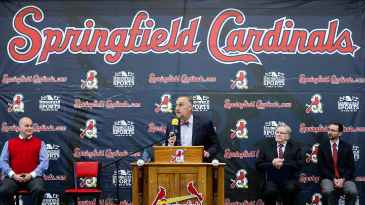 St. Louis Cardinals President of Baseball Operations John Mozeliak speaks at a press conference announcing that the Springfield Cardinals have been sold by the St. Louis Cardinals to Diamond Baseball Holdings on Monday, May 1, 2023.

Tcards Presser00088