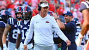 Sep 20, 2025; Oxford, Mississippi, USA; Mississippi Rebels head coach Lane Kiffin looks on during the fourth quarter against the Tulane Green Wave at Vaught-Hemingway Stadium. Mandatory Credit: Petre Thomas-Imagn Images