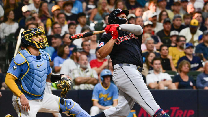 Cleveland Guardians first baseman Josh Naylor (22) hits a solo home run as Milwaukee Brewers catcher Gary Sanchez (99) looks on in the fourth inning at American Family Field on Aug 17.