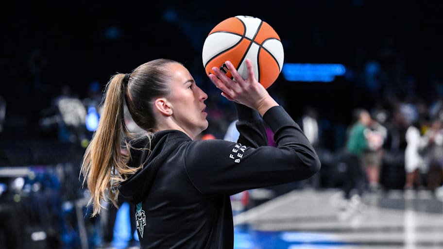 New York Liberty guard Sabrina Ionescu (20) warms up before a game against the Seattle Storm at Barclays Center.  | John Jones-Imagn Images