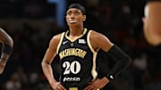 Jun 15, 2025; Washington, District of Columbia, USA; Washington Mystics guard Brittney Sykes (20) reacts after a foul call during the second quarter against the Atlanta Dream at CareFirst Arena. Mandatory Credit: Rafael Suanes-Imagn Images