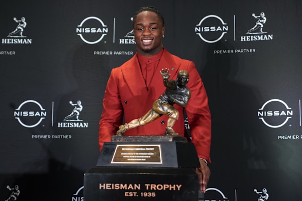 Boise State Broncos running back Ashton Jeanty poses for a photo during a press conference before the 2024 Heisman Trophy Pre