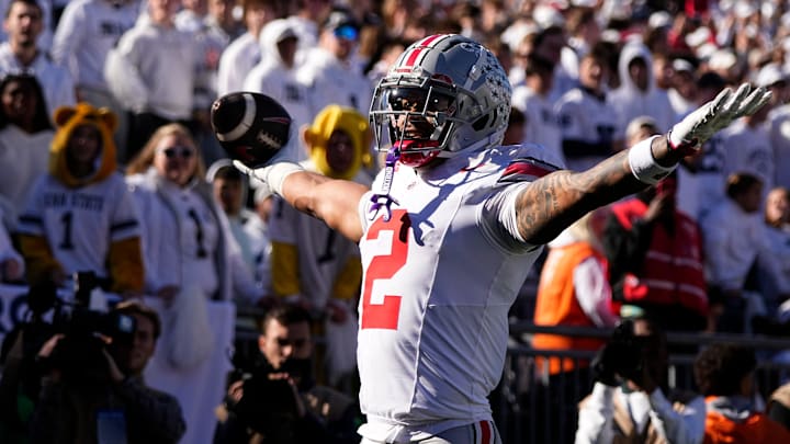 Ohio State Buckeyes wide receiver Emeka Egbuka celebrates a touchdown against the Penn State Nittany Lions.