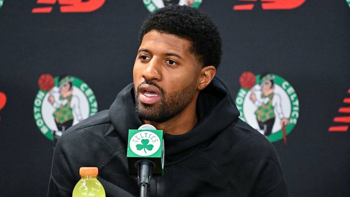 September 15, 2026; Boston, Massachusetts, USA; Boston Celtics forward Paul George (13) speaks during a press conference at The Auerbach Center at Boston Landing. Mandatory Credit: Eric Canha-Imagn Images