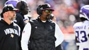Oct 15, 2023; Chicago, Illinois, USA;  Minnesota Vikings defensive coordinator Brian Flores watches his team play against the Chicago Bears  at Soldier Field. Mandatory Credit: Jamie Sabau-USA TODAY Sports