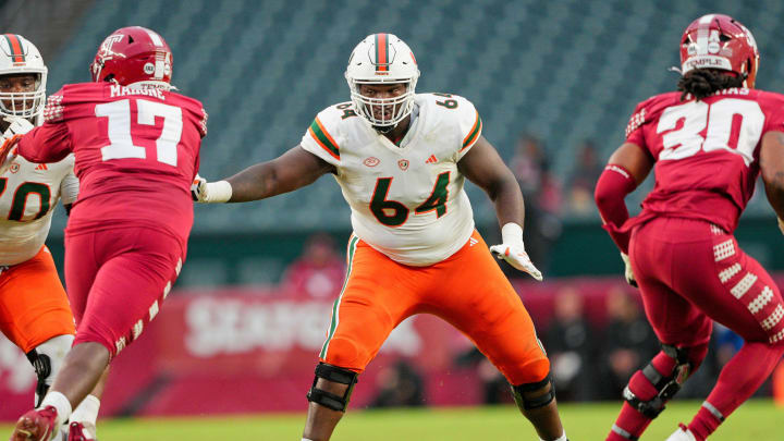 Sep 23, 2023; Philadelphia, Pennsylvania, USA;  Miami Hurricanes offensive lineman Jalen Rivers (64) sets up to block in the second half against the Temple Owls at Lincoln Financial Field. Mandatory Credit: Andy Lewis-USA TODAY Sports