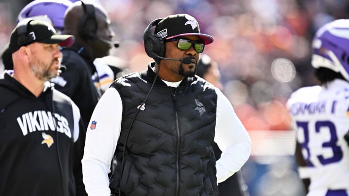 Oct 15, 2023; Chicago, Illinois, USA;  Minnesota Vikings defensive coordinator Brian Flores watches his team play against the Chicago Bears  at Soldier Field. Mandatory Credit: Jamie Sabau-USA TODAY Sports