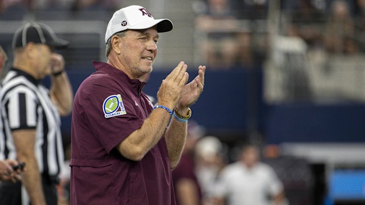 Sep 30, 2023; Arlington, Texas, USA; Texas A&M Aggies head coach Jimbo Fisher before the game between the Texas A&M Aggies and the Arkansas Razorbacks at AT&T Stadium. Mandatory Credit: Jerome Miron-Imagn Images