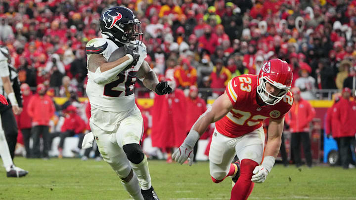 Houston Texans running back Joe Mixon runs for a touchdown against the Kansas City Chiefs on Jan 18, 2025. Houston Texans running back Joe Mixon runs for a touchdown against the Kansas City Chiefs on Jan 18, 2025.