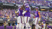 Aug 10, 2024; Minneapolis, Minnesota, USA; Minnesota Vikings wide receiver Trent Sherfield Sr. (11) celebrates his touchdown against the Las Vegas Raiders in the third quarter at U.S. Bank Stadium.